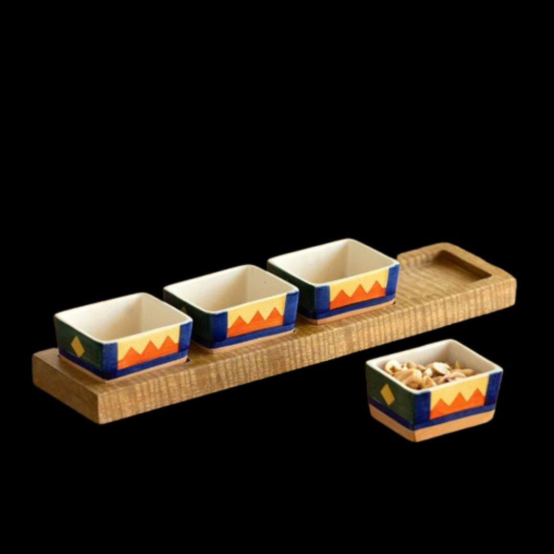 Geometric Landscape Hand-Painted Ceramic Chutney & Dip Bowls with Wooden Tray – Set of 4 (80 ml Each)