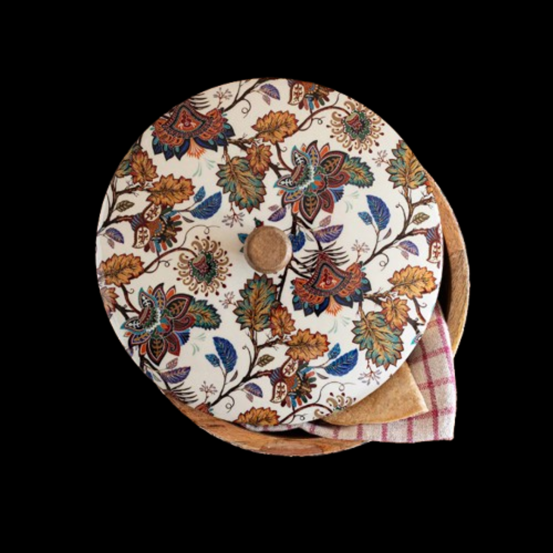 Floral Chronicles Hand-Enamelled Chapati Box with Lid – Mango Wood (20.3 cm, 1140 ml)