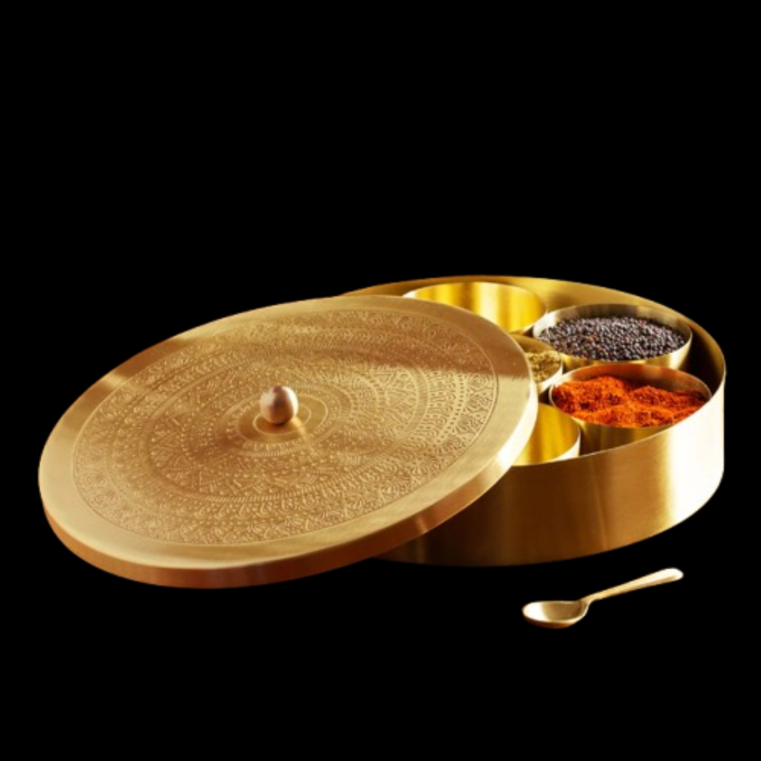 Handcrafted Brass Spice Box with Spoon (7 Containers, 100 ML)