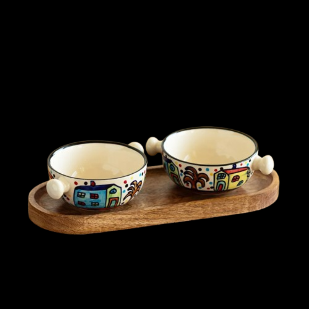 Hand-Painted Ceramic Serving Bowls with Wooden Tray – Set of 2 (260 ml Each)