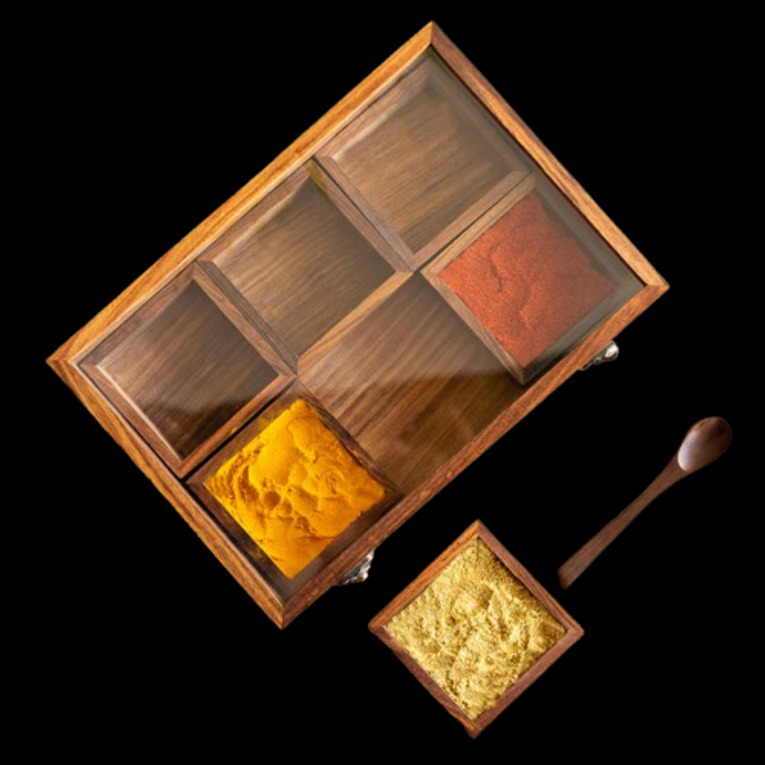Masala Blends Handcrafted Spice Box with Spoon – Sheesham Wood (6 Large Containers, 120 ml)