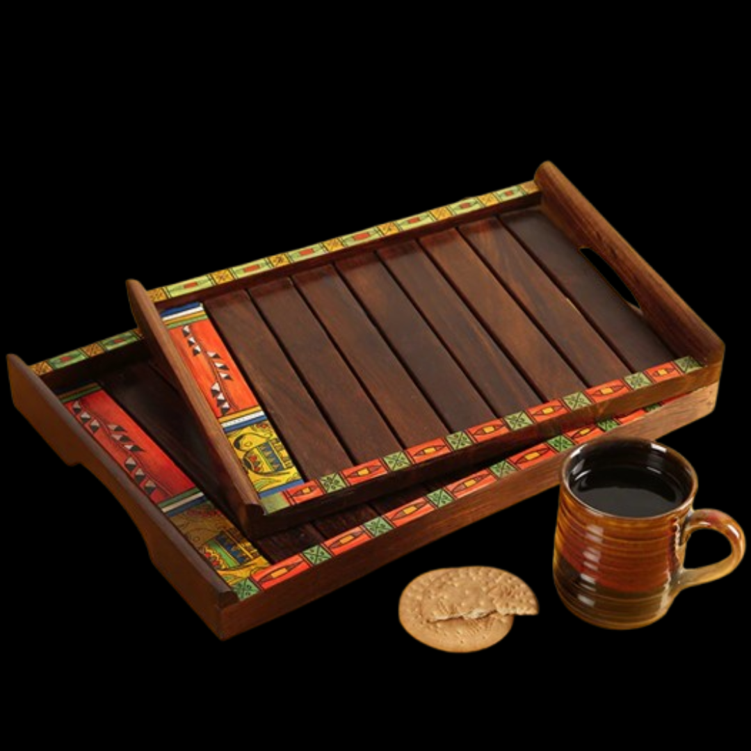 Hand-Painted Nested Trays In Sheesham Wood (Set Of 2)