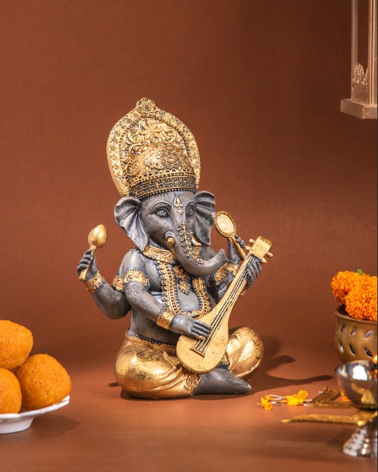 Lord Ganesh Playing Lute - Black & Gold