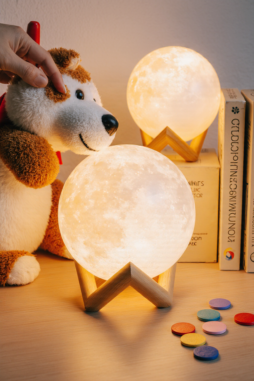 3D Moon Lamp with Wooden Stand – Realistic Lunar Night Light