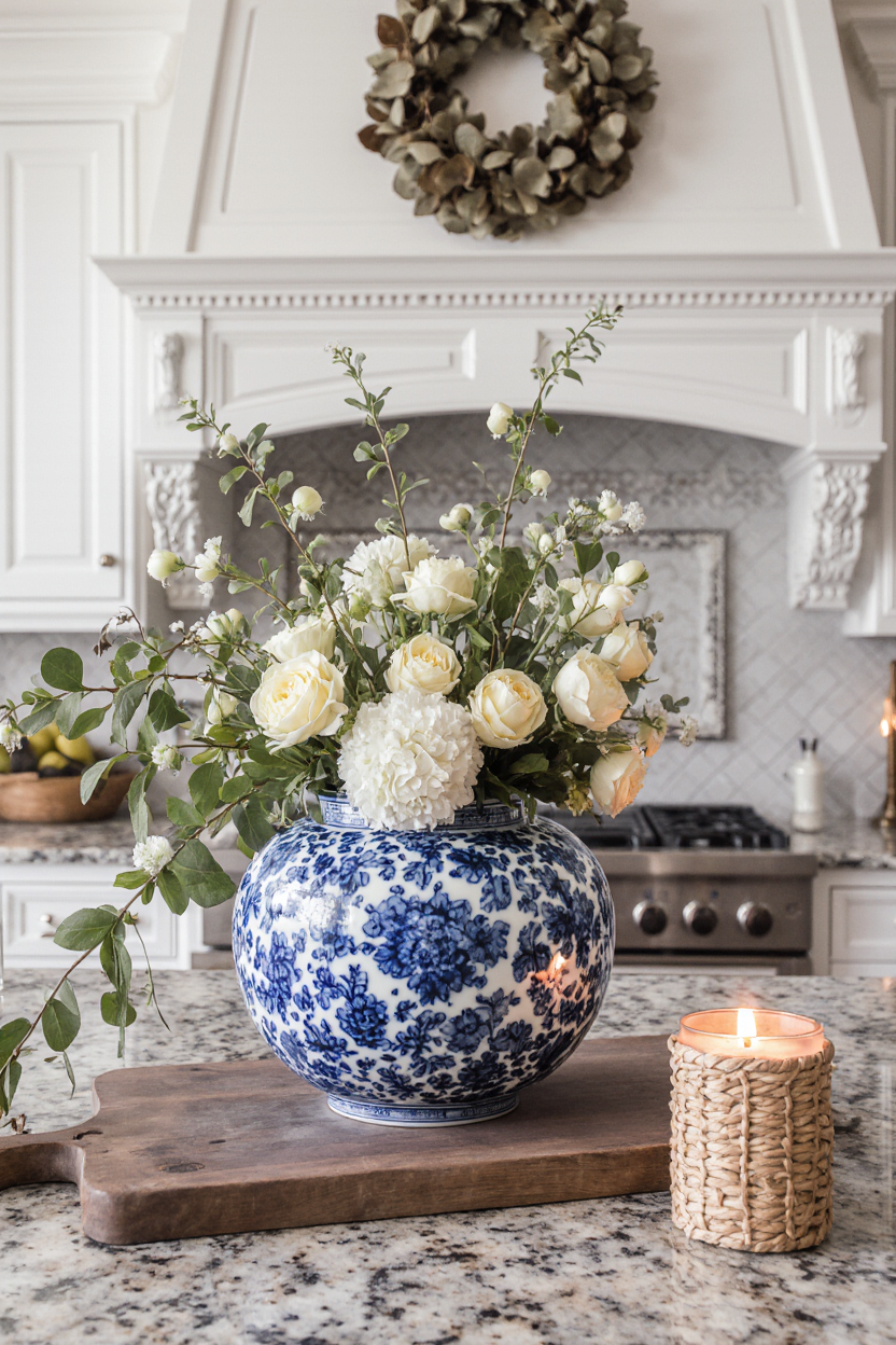 Elegant Blue & White Floral Porcelain Vase with Artificial White Roses Arrangement