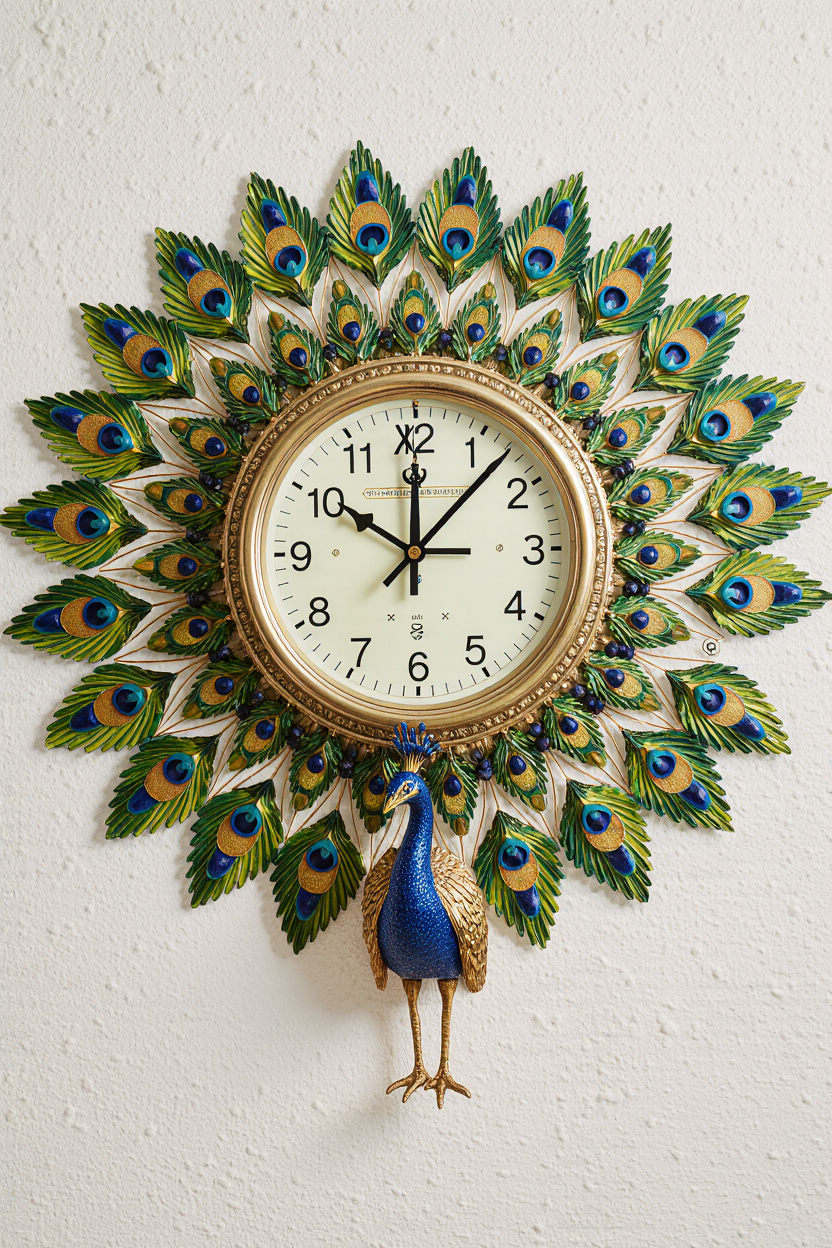 Royal Peacock Feather Wall Clock – Handcrafted Decorative Timepiece
