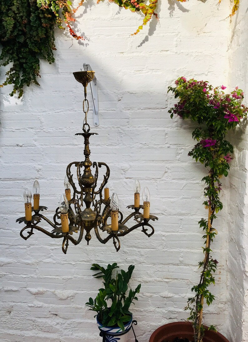 Stately LARGE Antique Bronze Candle Chandelier