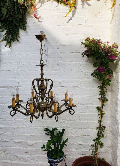 Stately LARGE Antique Bronze Candle Chandelier