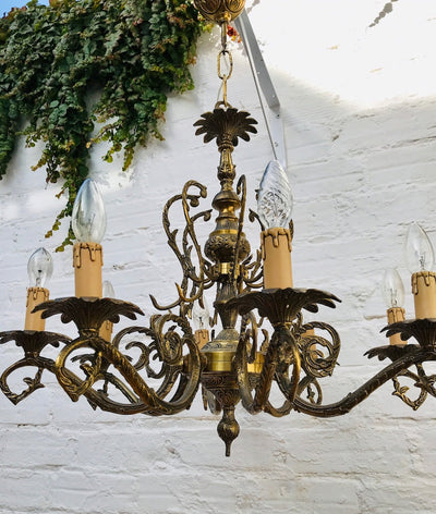 Stately LARGE Antique Bronze Candle Chandelier
