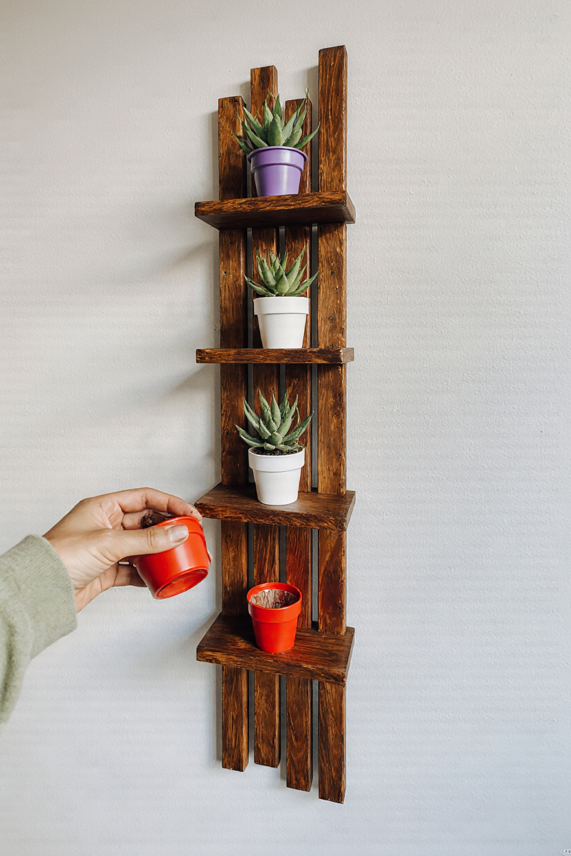 Wooden Vertical Wall Planter Shelf with Succulent Pots
