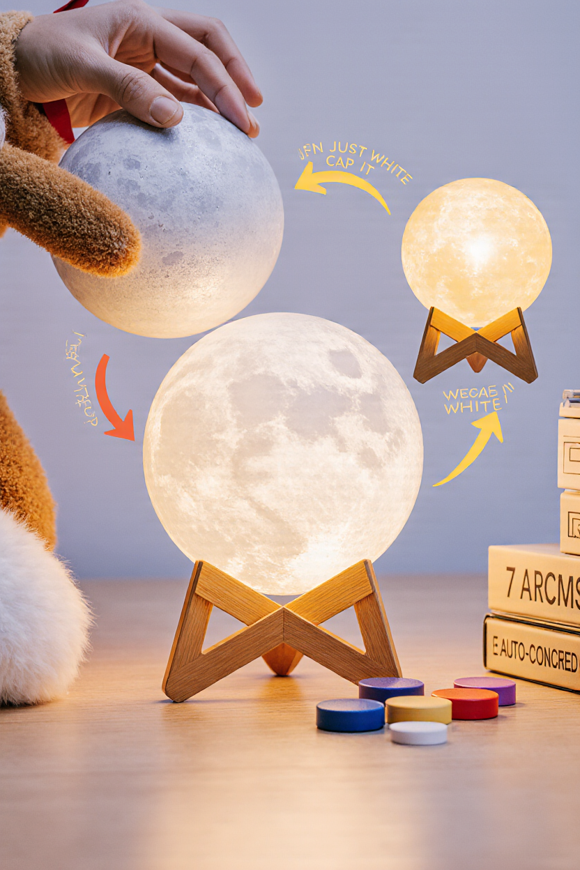 3D Moon Lamp with Wooden Stand – Realistic Lunar Night Light