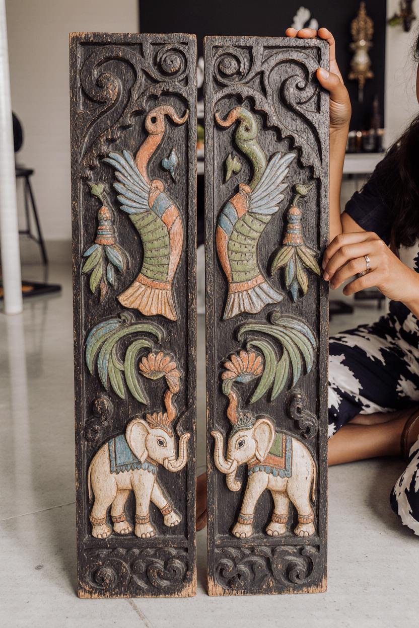 Handcrafted Wooden Wall Panels – Peacock & Elephant Design