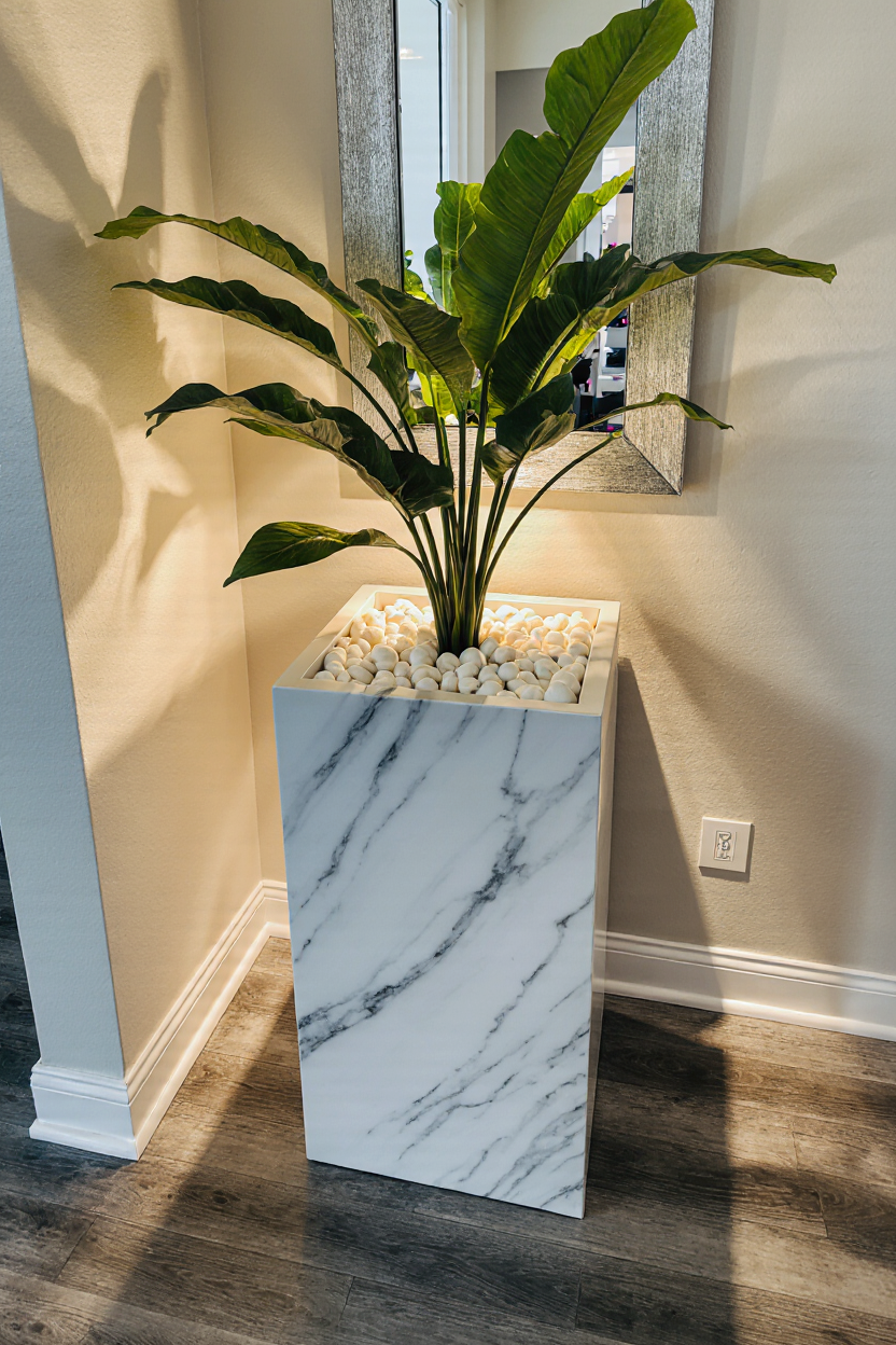 Luxury Marble Planter with Decorative White Pebbles