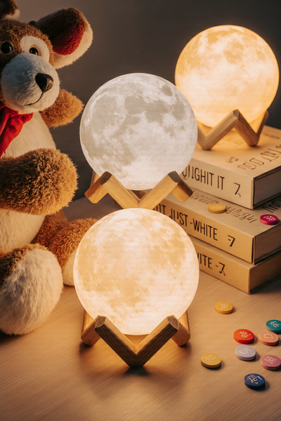 3D Moon Lamp with Wooden Stand – Realistic Lunar Night Light